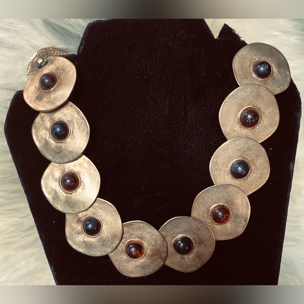 Gold Tone Disc Necklace with Brown and Black Cabochons